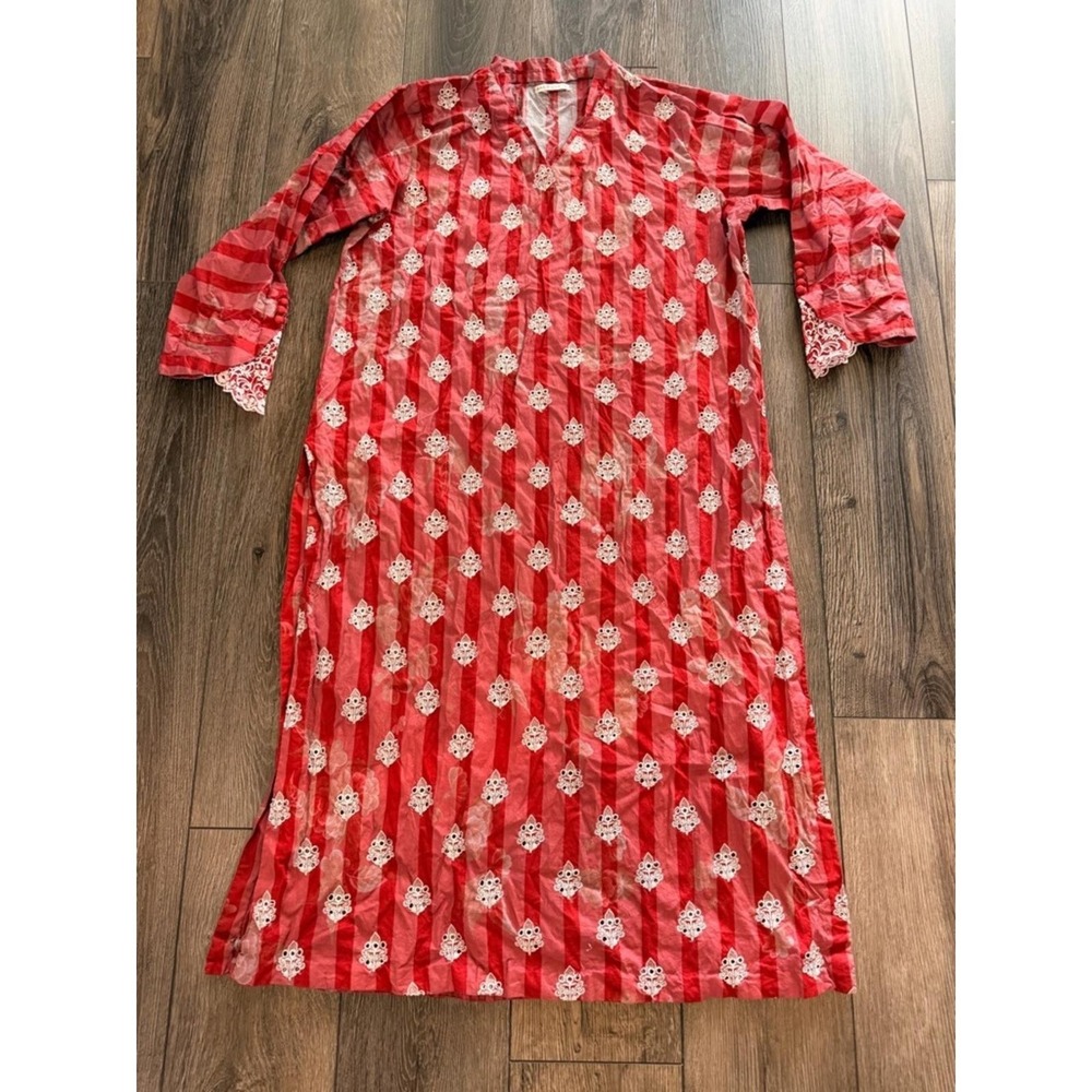 Baroque Embroidered Striped‎ Tunic Kurta Dress Red L Boho Ethnic Festive